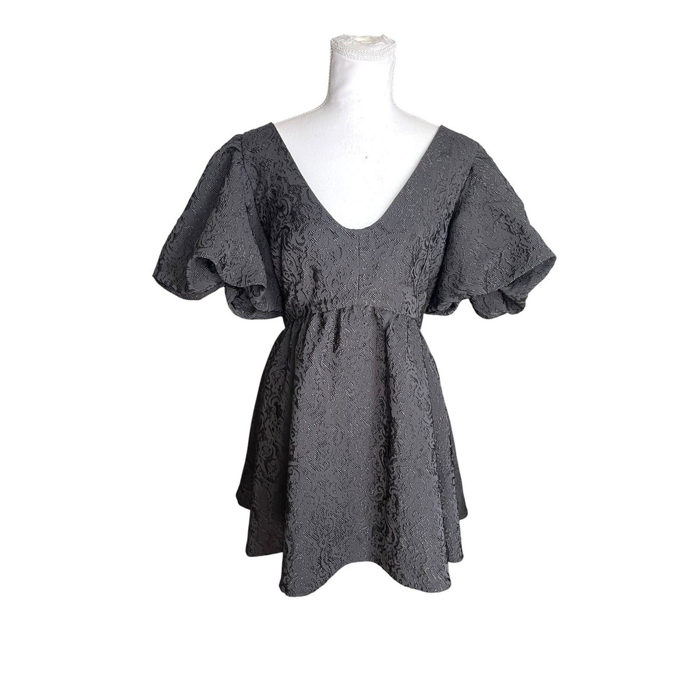 NWT Sachin & Babi Black Jacquard Babydoll Mini Dress Puff Sleeves LBD Sz L